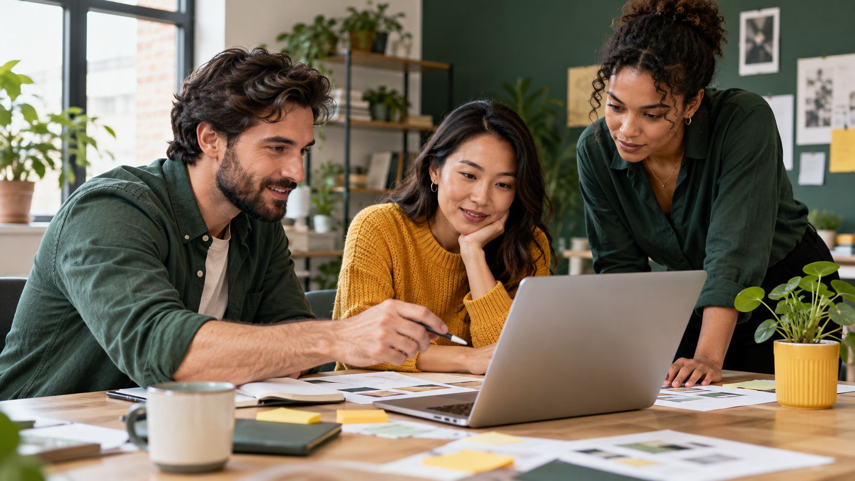 Illustrative professionals discussing a project around a laptop