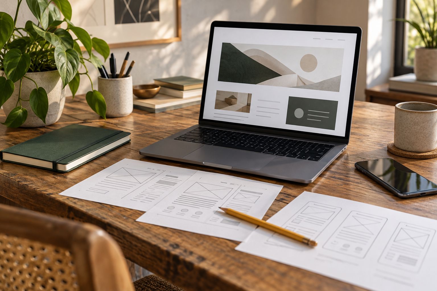 Illustrative website planning workspace with laptop and sketches
